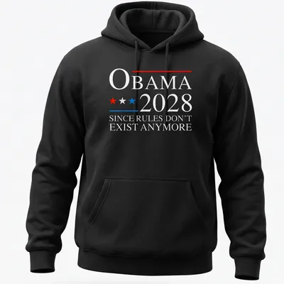 Political campaign-themed t-shirt with Obama 2028 printed text in red, blue, and white. — printed on a unisex hoodie