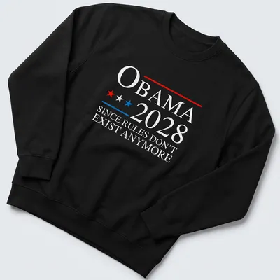 Political campaign-themed t-shirt with Obama 2028 printed text in red, blue, and white. — printed on a unisex sweatshirt