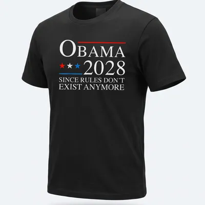 Political campaign-themed t-shirt with Obama 2028 printed text in red, blue, and white.