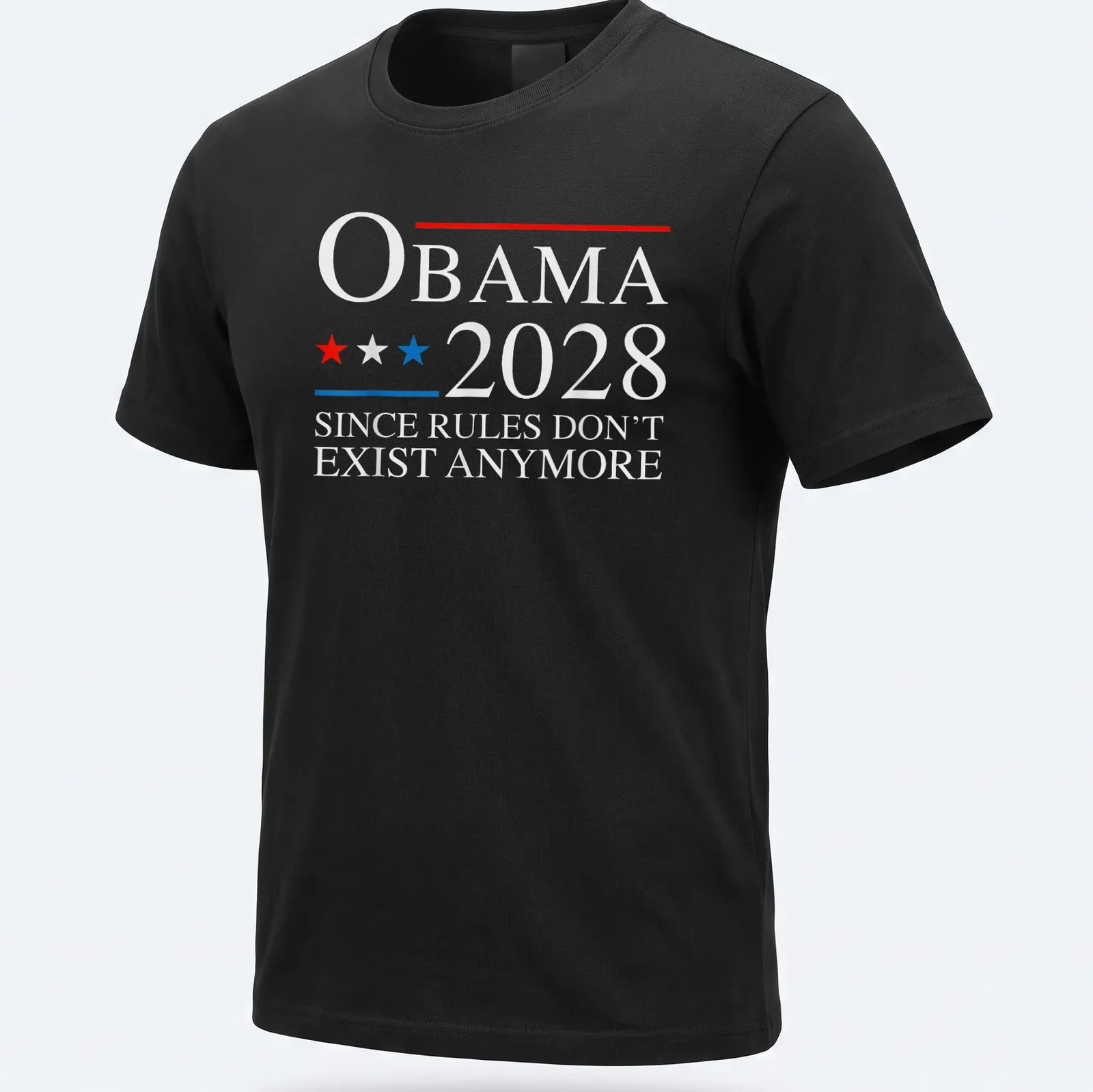 Political campaign-themed t-shirt with Obama 2028 printed text in red, blue, and white. — printed on a unisex t-shirt