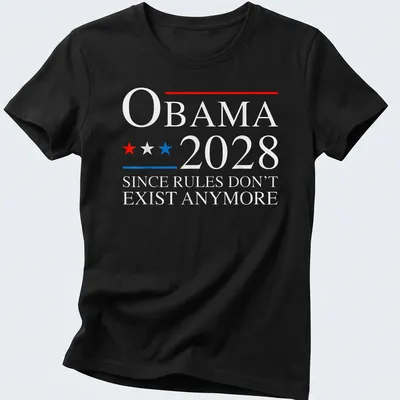Political campaign-themed t-shirt with Obama 2028 printed text in red, blue, and white. — printed on a women's shirt
