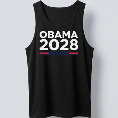 Bold graphic Obama 2028 T-shirt in red, white, and blue. — printed on a tank top