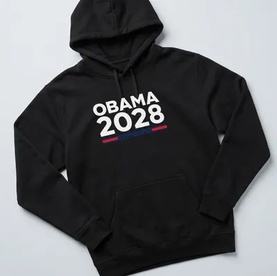 Bold graphic Obama 2028 T-shirt in red, white, and blue. — printed on a unisex hoodie