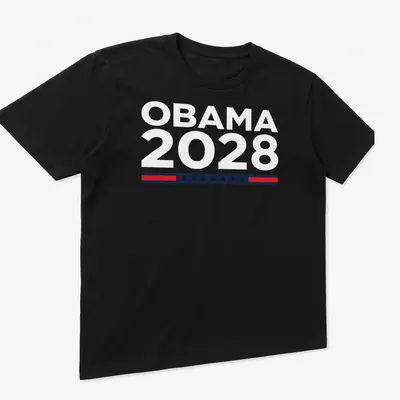 Bold graphic Obama 2028 T-shirt in red, white, and blue. — printed on a unisex t-shirt (angled view)