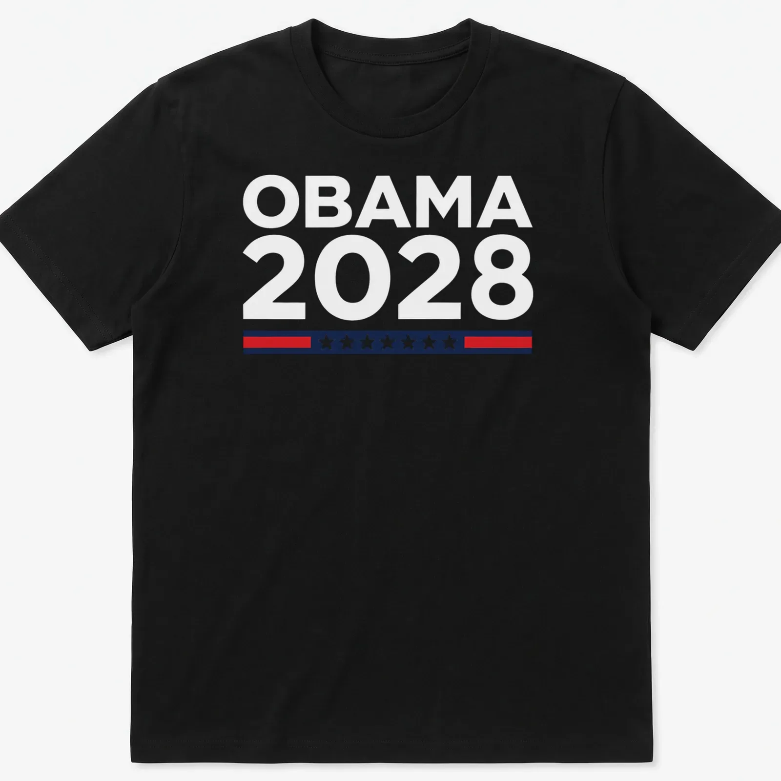 Bold graphic Obama 2028 T-shirt in red, white, and blue. — printed on a unisex t-shirt