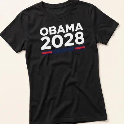 Bold graphic Obama 2028 T-shirt in red, white, and blue. — printed on a women's shirt