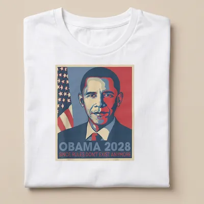 Retro t-shirt with the text 'Obama 2028 Since Rules Don't Exist Anymore' in blue, red, and white