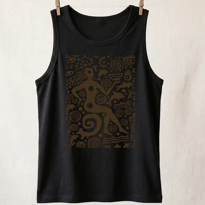 Petroglyph-style graphic of an Ocean Goddess in brown and white — printed on a tank top
