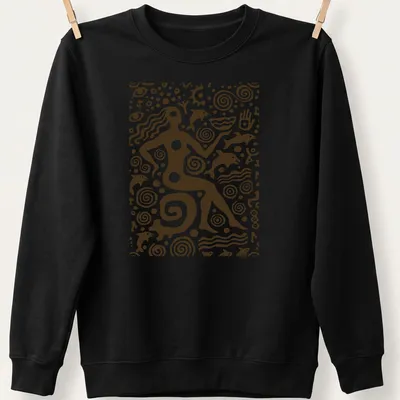Petroglyph-style graphic of an Ocean Goddess in brown and white — printed on a unisex sweatshirt