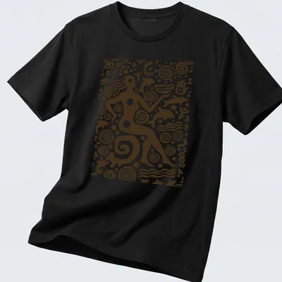 Petroglyph-style graphic of an Ocean Goddess in brown and white — printed on a unisex t-shirt