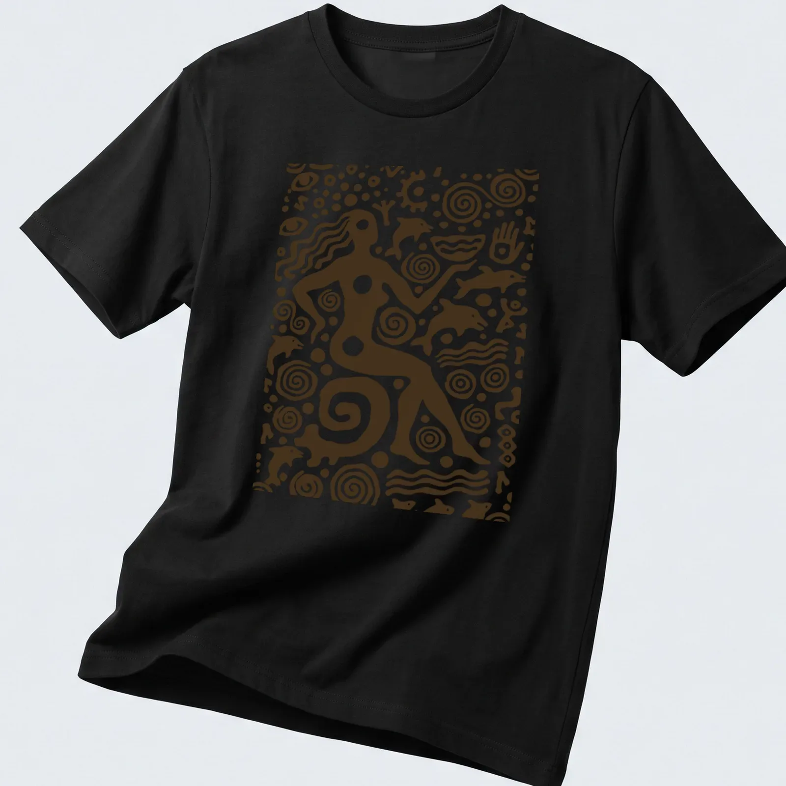 Petroglyph-style graphic of an Ocean Goddess in brown and white — printed on a unisex t-shirt