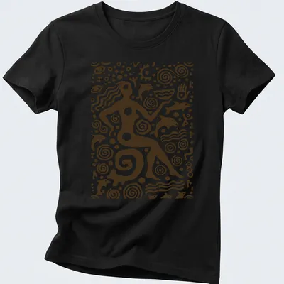 Petroglyph-style graphic of an Ocean Goddess in brown and white — printed on a women's shirt