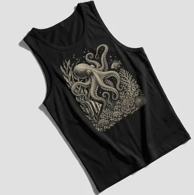 Vintage octopus illustration in beige and light brown hues on a — printed on a tank top