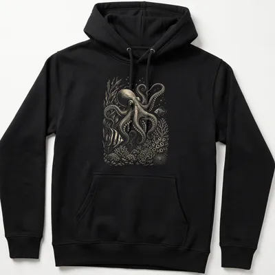Vintage octopus illustration in beige and light brown hues on a — printed on a unisex hoodie