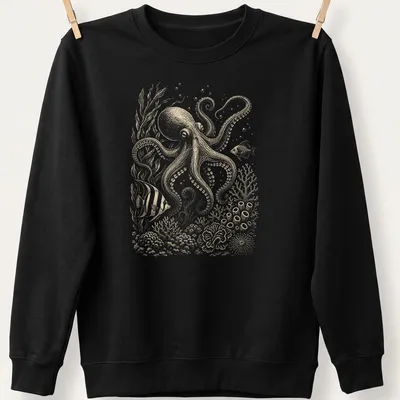 Vintage octopus illustration in beige and light brown hues on a — printed on a unisex sweatshirt