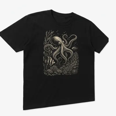 Vintage octopus illustration in beige and light brown hues on a — printed on a unisex t-shirt (angled view)