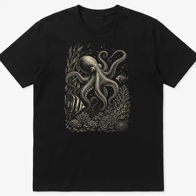 Vintage octopus illustration in beige and light brown hues on a T-shirt