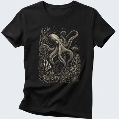 Vintage octopus illustration in beige and light brown hues on a — printed on a women's shirt