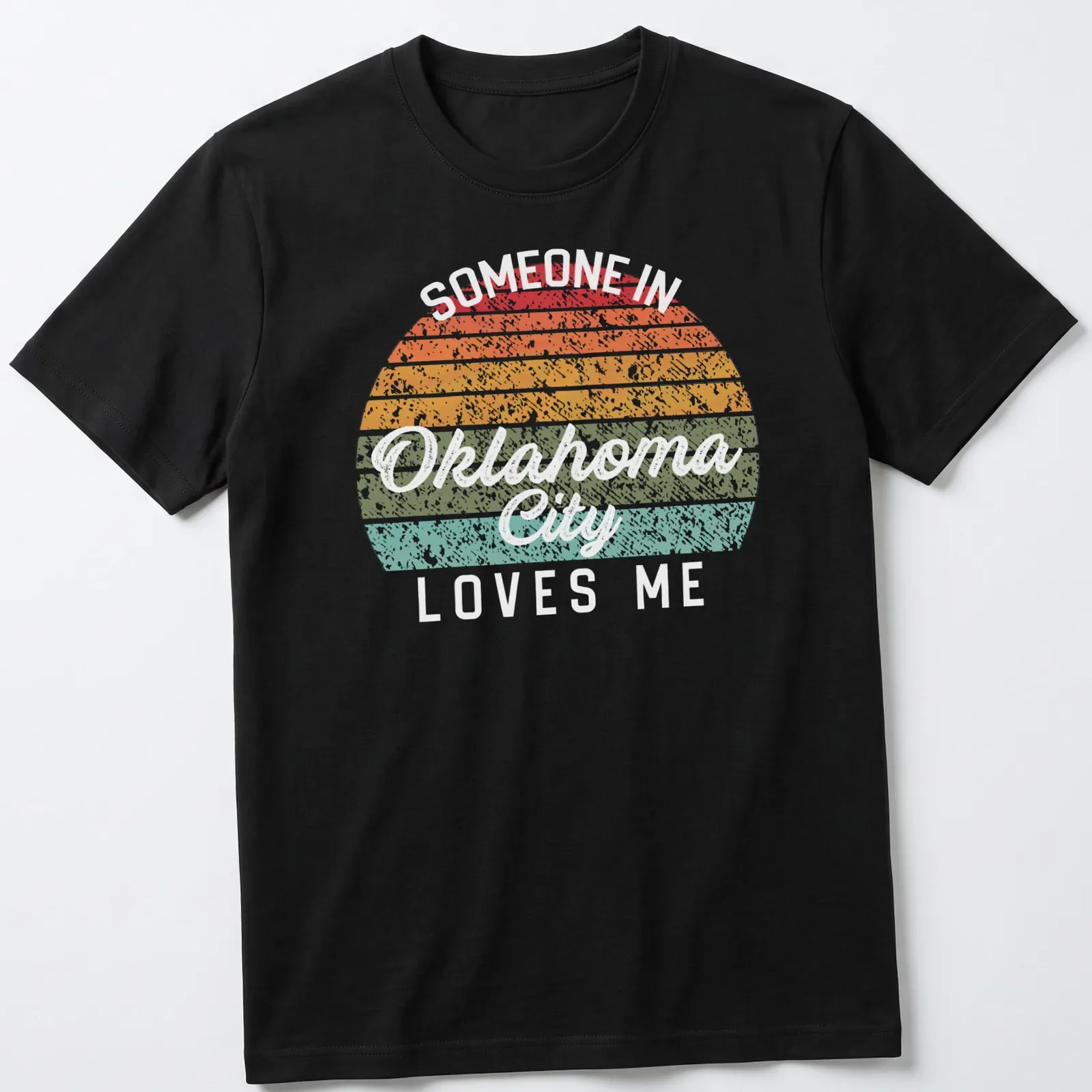 Retro distressed t-shirt with the phrase 'Someone in Oklahoma City Loves Me' in bright colors — printed on a unisex t-shirt