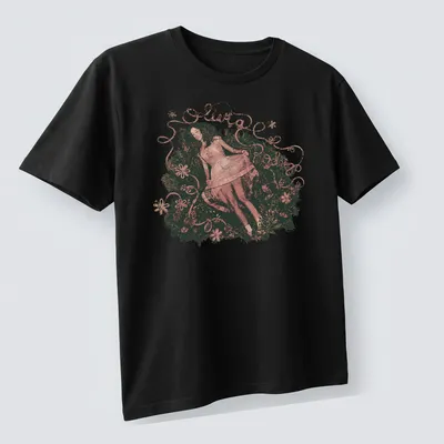 Vintage floral design featuring Olivia Rodrigo's name in an elegant font — printed on a unisex t-shirt (angled view)