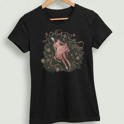 Vintage floral design featuring Olivia Rodrigo's name in an elegant font — printed on a women's shirt