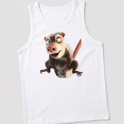 Cartoon opossum graphic in brown, white, and pink on a t-shirt. — printed on a tank top