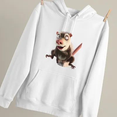 Cartoon opossum graphic in brown, white, and pink on a t-shirt. — printed on a unisex hoodie
