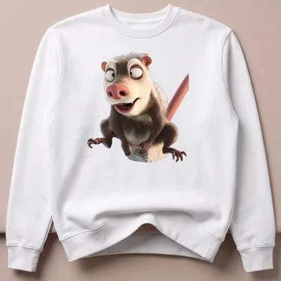 Cartoon opossum graphic in brown, white, and pink on a t-shirt. — printed on a unisex sweatshirt