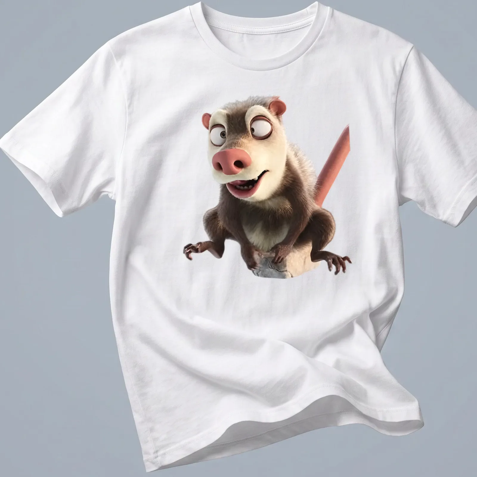Cartoon opossum graphic in brown, white, and pink on a t-shirt. — printed on a unisex t-shirt