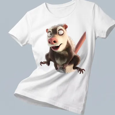Cartoon opossum graphic in brown, white, and pink on a t-shirt. — printed on a women's shirt