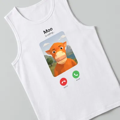 Polygonal design of an orange cow with the text 'Moo is calling...' — printed on a tank top
