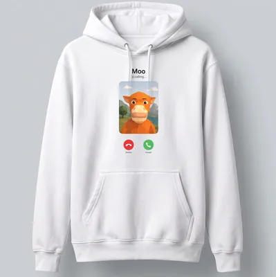 Polygonal design of an orange cow with the text 'Moo is calling...' — printed on a unisex hoodie