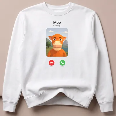 Polygonal design of an orange cow with the text 'Moo is calling...' — printed on a unisex sweatshirt