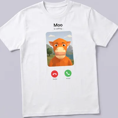 Polygonal design of an orange cow with the text 'Moo is calling...'