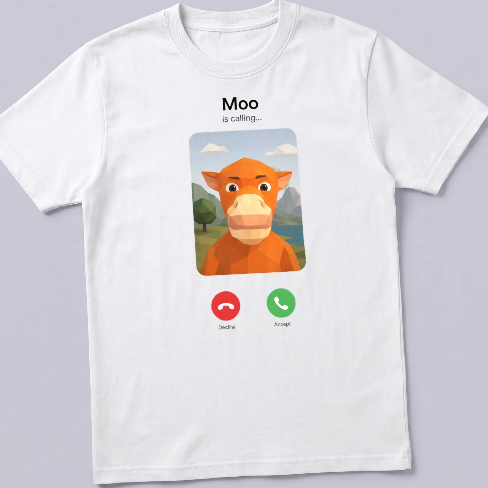 Polygonal design of an orange cow with the text 'Moo is calling...' — printed on a unisex t-shirt