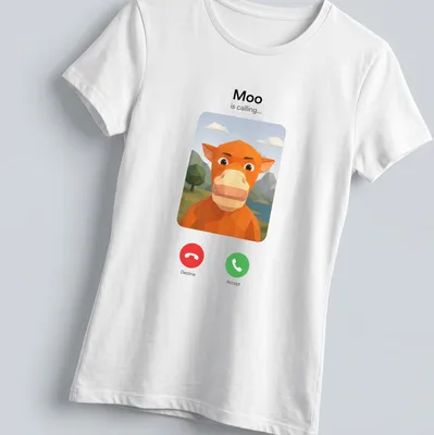 Polygonal design of an orange cow with the text 'Moo is calling...' — printed on a women's shirt