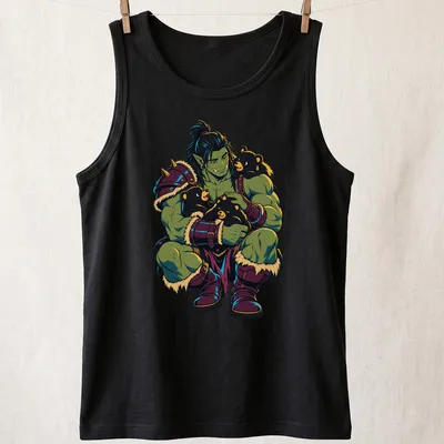 Colorful cartoon of an orc playing with bear cubs in a forest — printed on a tank top