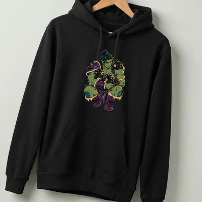 Colorful cartoon of an orc playing with bear cubs in a forest — printed on a unisex hoodie