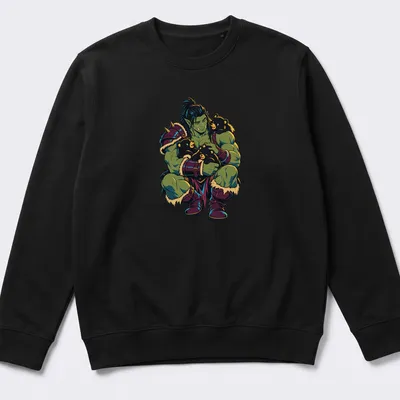 Colorful cartoon of an orc playing with bear cubs in a forest — printed on a unisex sweatshirt
