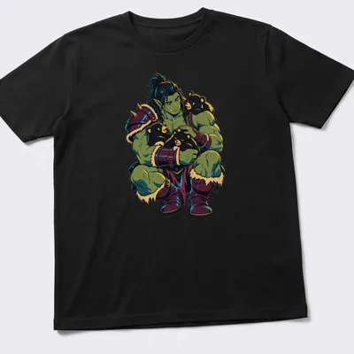 Colorful cartoon of an orc playing with bear cubs in a forest — printed on a unisex t-shirt