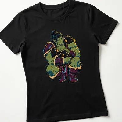 Colorful cartoon of an orc playing with bear cubs in a forest — printed on a women's shirt