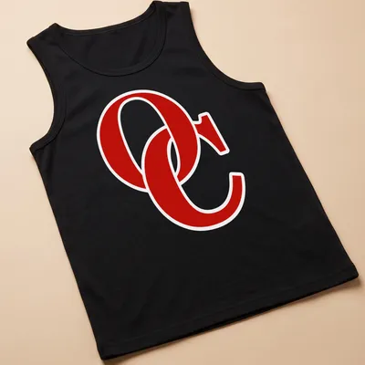Bold OC logo t-shirt in red with a simple graphic design — printed on a tank top