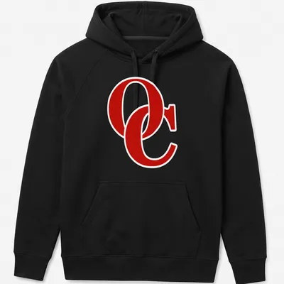 Bold OC logo t-shirt in red with a simple graphic design — printed on a unisex hoodie