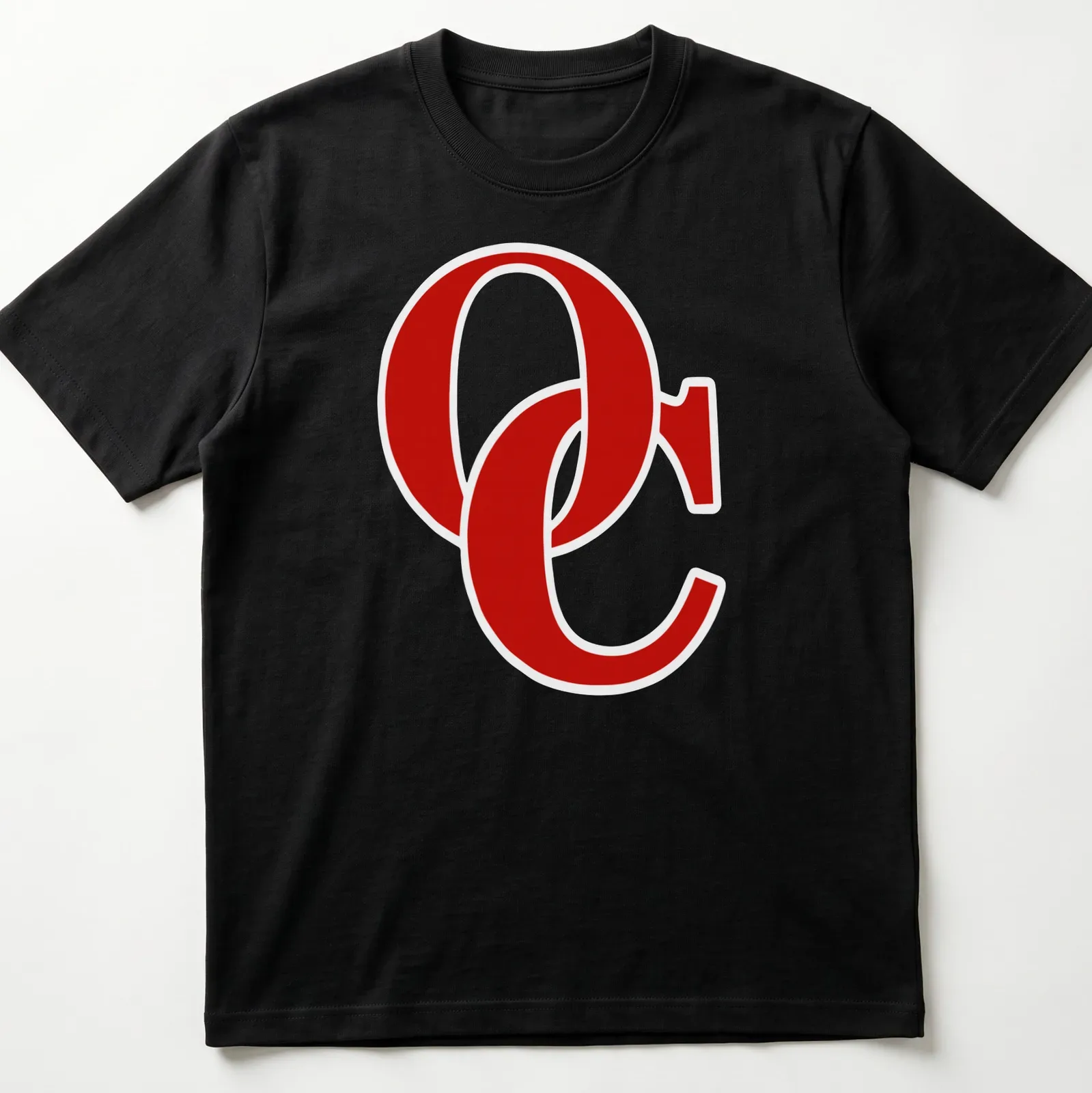 Bold OC logo t-shirt in red with a simple graphic design — printed on a unisex t-shirt