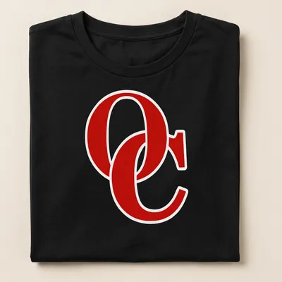 Bold OC logo t-shirt in red with a simple graphic design — printed on a women's shirt
