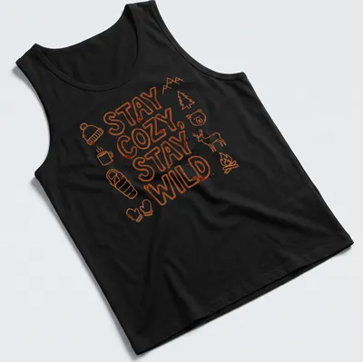 Doodle art shirt with camping elements and the text Stay Cozy, Stay Wild in bright orange and white — printed on a tank top