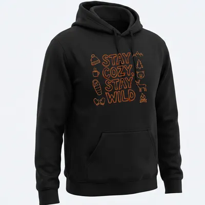 Doodle art shirt with camping elements and the text Stay Cozy, Stay Wild in bright orange and white — printed on a unisex hoodie