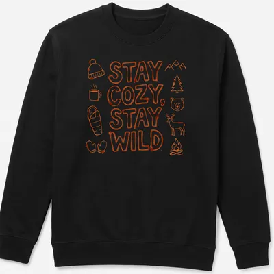 Doodle art shirt with camping elements and the text Stay Cozy, Stay Wild in bright orange and white — printed on a unisex sweatshirt