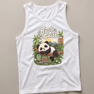 Kawaii panda design with text promoting good vibes and relaxation — printed on a tank top