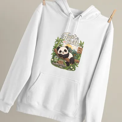 Kawaii panda design with text promoting good vibes and relaxation — printed on a unisex hoodie